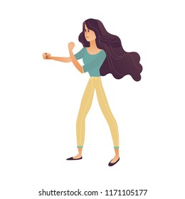 Vector young woman in casual clothing and long brunette hair standing in fight stance with hands fists ready to fight with angry, frustrated face emotions. Adult woman irritated, isolated illustration