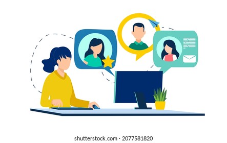 Vector of a young woman chatting online with her friends or coworkers via internet 