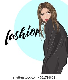 Vector young woman in coat. Fashion illustration. Stylish clothing outfit. Fashion look. Sketch