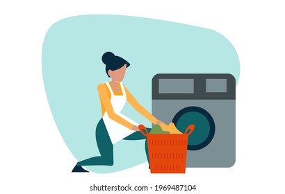 Vector of young woman doing laundry 