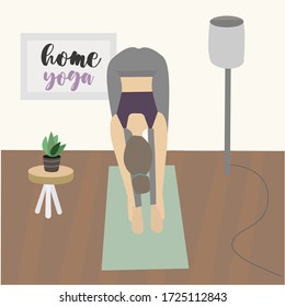 Vector young woman doing yoga at home in a cozy flat in scandinavian style. Illustration in flat simple design. 