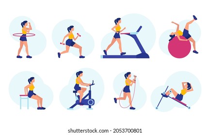 Vector of a young woman exercising at a sport gym. 