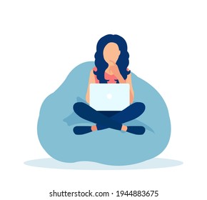 Vector of young woman freelancer working on laptop at home.