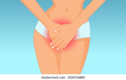 Vector of a young woman with hands holding her crotch lower abdomen isolated on blue background