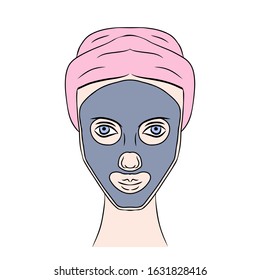 Vector young woman head at the cosmetology cabinet at spa procedure. Opened eyes and towel at her head, mask at her face. Personal сare procedure. Flat style