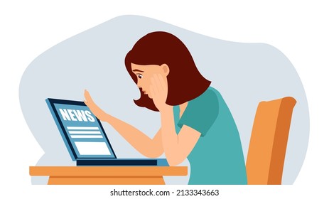 vector of a young woman at home watches bad news on the laptop with fear and surprise