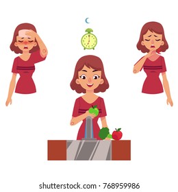 Vector young woman with illness set. One girl holding forehead because of headache, another suffering from insomnia and girl eating vitamins, with healthy sleep and lifestyle. isolated illustration