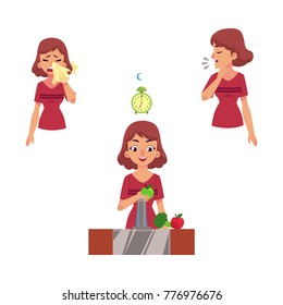 Vector young woman with illness set. Female characters suffering from runny nose, sneezing and cough and girl eating vitamins, with healthy sleep and lifestyle. isolated illustration