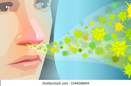 Vector of a young woman inhaling pollen, dust or hay fever allergens 