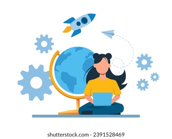 Vector of a young woman with laptop browsing internet 