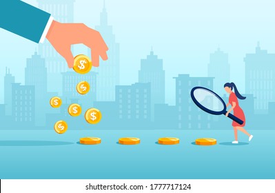 Vector of a young woman with magnifying glass following money track 