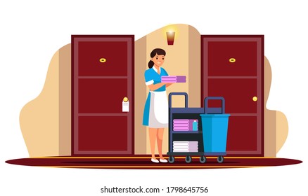 Vector young woman maid hotel staff in hallway. Friendly smiling bringing towel standing in corridor near movable table. Girl chambermaid in uniform. Cleaning room service and hospitality