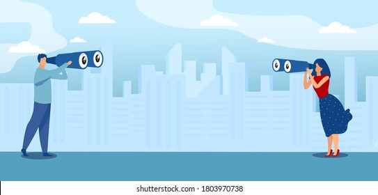 Vektorgrafik einer jungen Frau und eines Mannes, die sich in Fernglas ansehen 