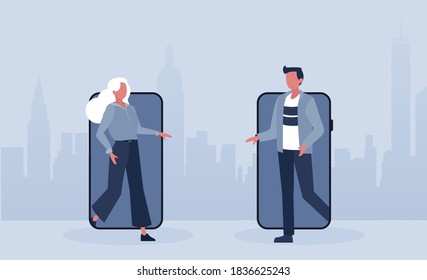 Vector of a young woman and a man walking out of their smart phones to meet in real life 