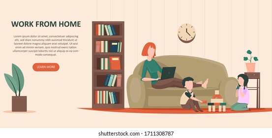 Vector of a young woman, a mother sitting on sofa with laptop working from home 