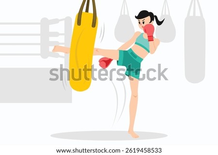 Vector young woman practicing Muay Thai in Muay Thai Gym, kicking boxing sandbag, wearing sports bra, Thai boxing shorts, boxing gloves. Illustration for sport, wellness, fitness, self defense concept