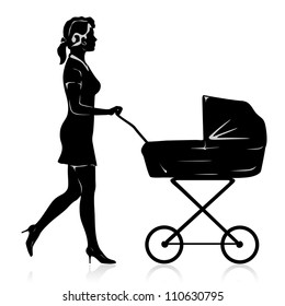 Vector young woman with pram