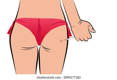 Vector of a young woman pushing herself an injection into her buttocks isolated in white background. Illustration of sexy lady or girl wearing red panty and injecting on her butt. 