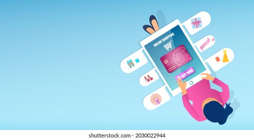 Vector of a young woman shopping online using mobile phone app