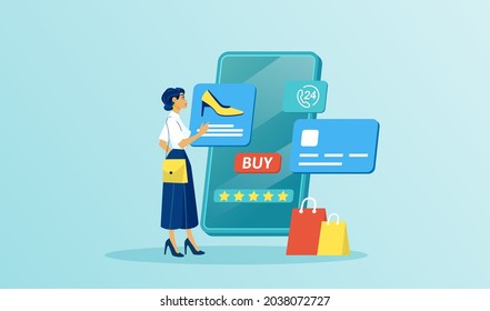 Vector of a young woman shopping online using mobile app