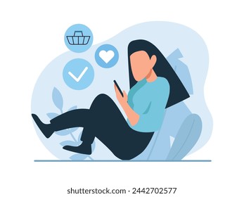 Vector of a young woman shopping online via mobile app