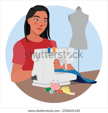 Vector of a young woman sits working on a sewing machine with a mannequin background