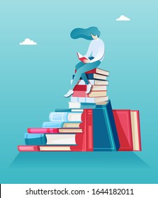 Vector of a young woman sitting on a pile of books and reading 