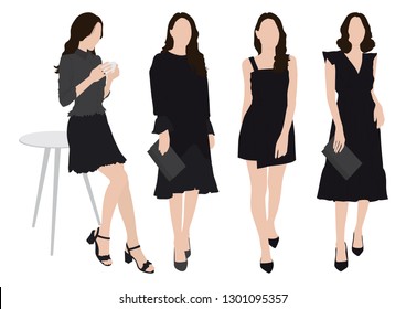 Vector of young woman in sitting and standing pose wearing casual clothes under the white background. Cartoon realistic people illustration.Flat young woman set. 