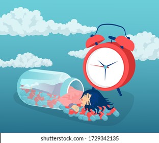 Vector Of A Young Woman Sleeping Inside A Bottle Of Pills