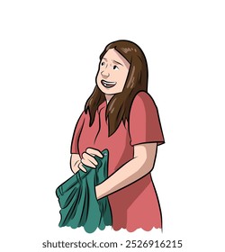 Vector Young Woman Smiling While Holding A Green Garment Against A Plain Background, Showcasing Joy And Anticipation