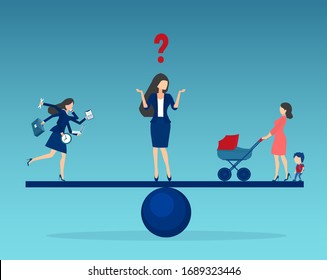 Vector of a young woman standing on a scale, choosing between busy business career or family lifestyle 