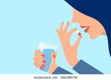 Vector of a young woman taking her pills with glass of water 