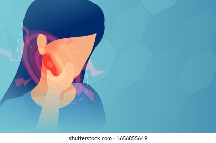 Vector of a young woman toothache, pain, red zone of inflammation 