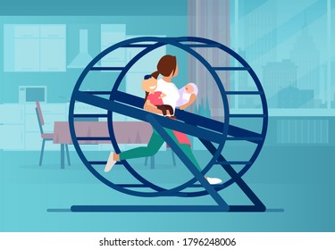 Vector Of A Young Woman With Two Little Kids Running In A Wheel In Her Apartment Feeling Overburdened With Daily Errands 