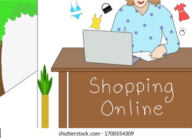 Vector - Young woman using computer laptop to shopping online in her house. Easy to buy everything in the world. Business, Digital technology, financial concept.