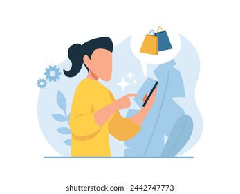 Vektor einer jungen Frau mit einer mobilen App online einkaufen 
