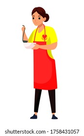 Vector young woman volunteer wearing apron holding soup ladle and bowl standing isolated on white background. Girl social worker helping homeless person. Charity, volunteering, support for bum