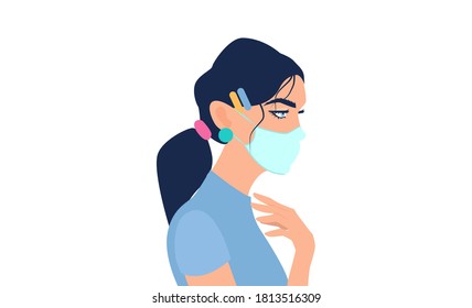 Vector of a young woman wearing face mask isolated on white background 