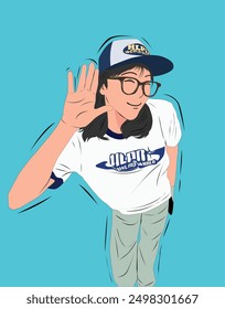 Vector of a young woman wearing a white shirt, blue trousers, and wearing a stylish blue and white hat who is very happy and smiling