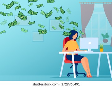 Vector Of A Young Woman Working On Computer From Home And Earnings Money