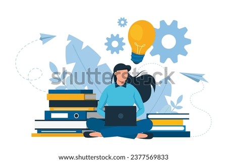 vector of a young woman working on computer, studying 