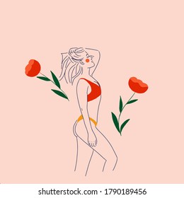 Vector young women in bikini swimsuit line art style