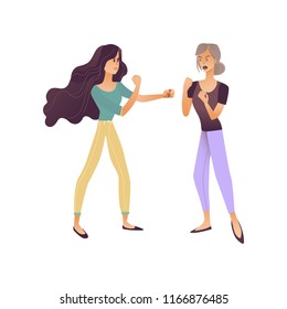 Vector young women in casual clothing standing in fight stance with hands fists ready to fight with angry, frustrated face emotions. Adult characters irritated, isolated illustration
