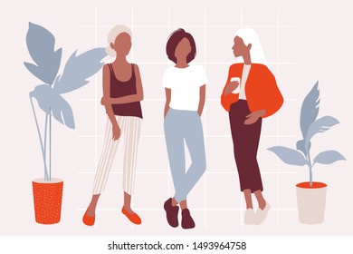 Vector young women dressed in trendy clothes standing in the room. Girls in Flat style around plants. Abstract people illustration. Female cartoon characters.