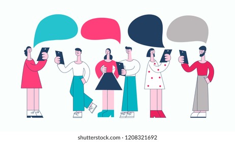 Vector young women and man in casual clothing talking to each other gesticulating with empty speech bubble above head. Friends or colleagues and social communication. Flat stylized illustration