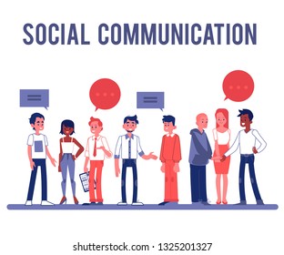 Vector young women and man in casual clothing talking to each other gesticulating with empty speech bubble above head. Friends or colleagues and social communication. Flat stylized illustration