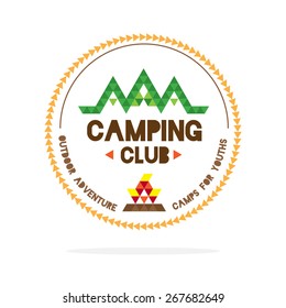 Vector : Youth Camping Club Logo With Mountain And Camp Fire In Polygon Style On White Background , Logo Concept