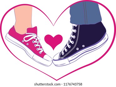 Vector youth illustration of a girl and boy's legs in a sneaker in profile and heart in a frame-heart