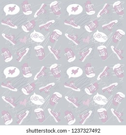 Vector youth seamless pattern with pink sneakers on gray background.