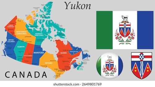 Vetor do brasão de armas Yukon, bandeira e mapa. Ideal para projetos com tema canadense, educação, identidade territorial e materiais oficiais do governo.